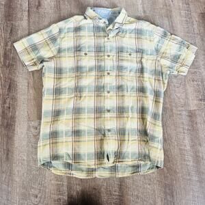 Kuhl Shirt Mens Large Green Button Up Linen Camp Outdoors Collar Plaid
